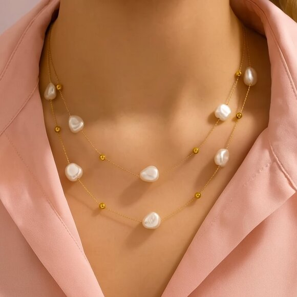“Aviara” Layered Pearl Necklace Stainless Steel - Picture 1 of 1